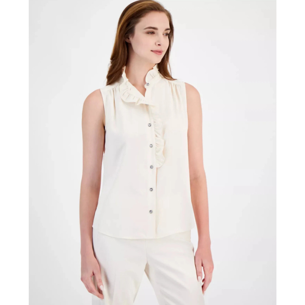 Anne Klein Women Top Ruffle-Front Sleeveless Button-Front Anne White Sz XL 17265